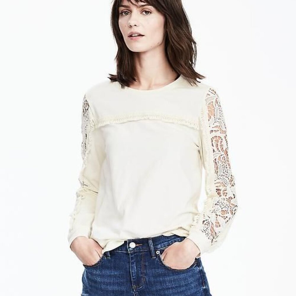 Banana Republic | Long Sleeve Fringe Top with Crochet Sleeves | Cream/Ivory | XL